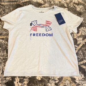 Under Armour Light Gray Tee with Red & Blue Logo youth XL